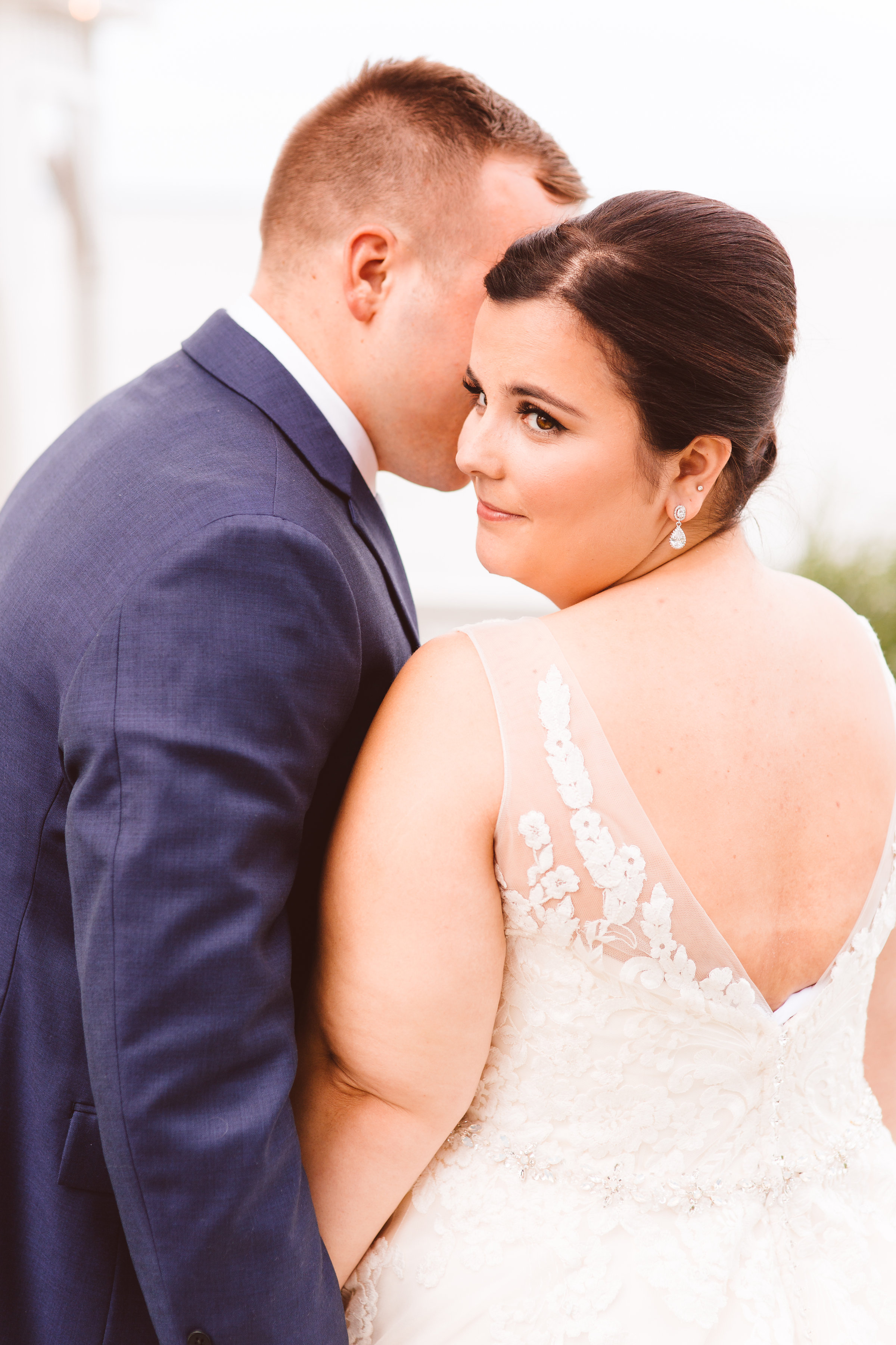 Romantic Eastern shore Maryland bayside wedding Custom and couture bridal jewelry Brooke Michelle Photography Celebrations by the Bay J'Adorn Designs Emerald cut engagement diamond ring Vintage halo wedding ring Bridal fashion Bridal couture Lace wedding gown Teardrop handcrafted bridal earrings