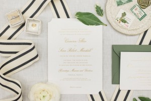 Trendy wedding inspiration with pantone greenery, stationery by Third Clover Paper, photo by Red October Photography, curated by J'Adorn Designs custom jewelry