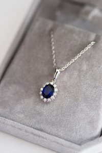 Custom sapphire halo jewelry set, fine wedding jewelry by J'Adorn Designs custom jewelry and modern bridal accessories