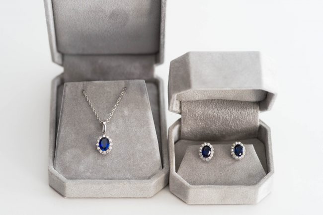 Custom sapphire wedding jewelry set, fine halo wedding jewelry by J'Adorn Designs custom jewelry and modern bridal accessories