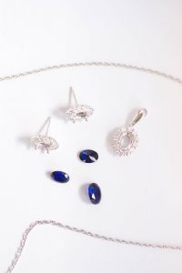 Custom sapphire halo jewelry set, fine wedding jewelry by J'Adorn Designs custom jewelry and modern bridal accessories