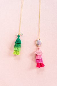 Ombre tassel necklaces, long charm necklaces with tassels, pink and green tassel jewelry, j'adorn designs custom jewelry