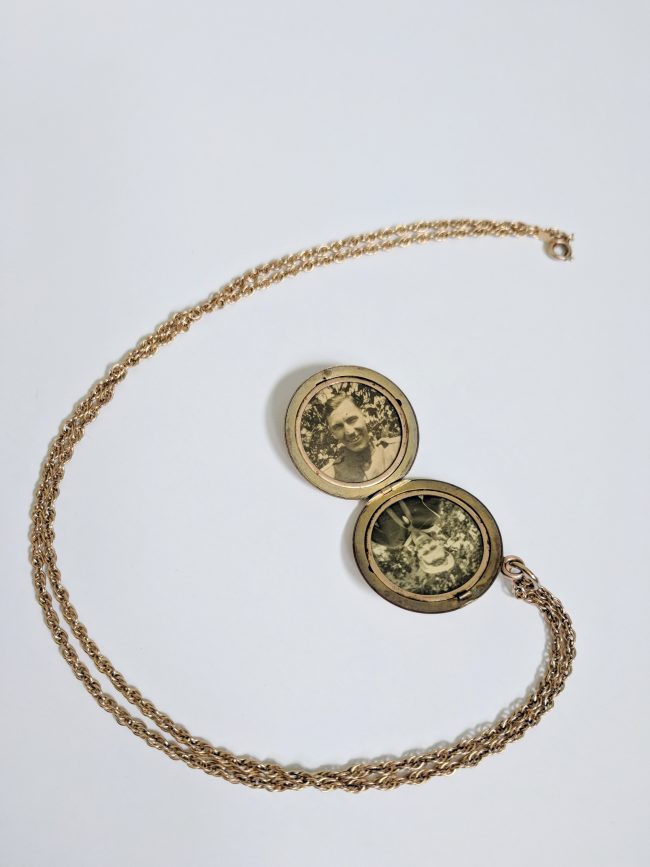 new jewelry studio team member loves heirloom gold locket from great grandmother, J'Adorn Designs custom jewelry business