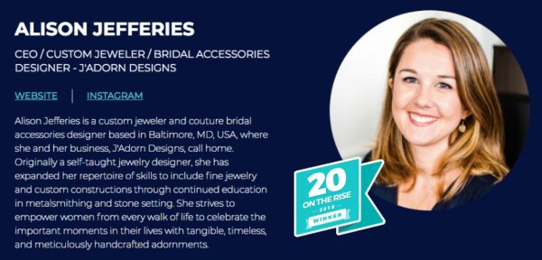 top creative entrepreneur jewelry designer Alison Jefferies, J'Adorn Designs custom jeweler and bridal accessories