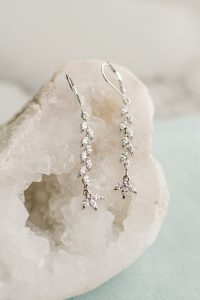 Delicate crystal vine earrings, dainty silver sparkle earrings, custom artisan bridal earrings by J'Adorn Designs handcrafted bridal accessories