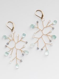 Handcrafted aquamarine and pearl branch earrings, lightweight gold statement earrings made by J'Adorn Designs