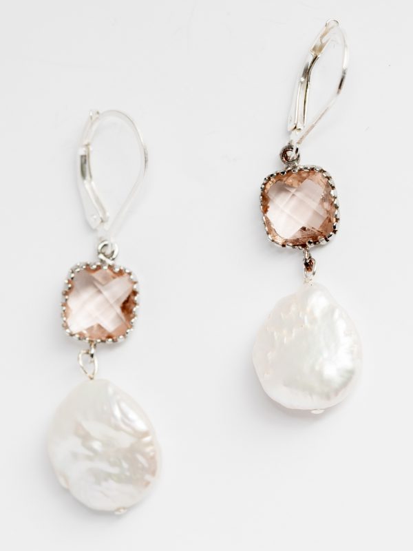 Alternative bridal earrings with blush cushion cut stone and blistered freshwater pearl drop in silver, handcrafted jewelry by J'Adorn Designs