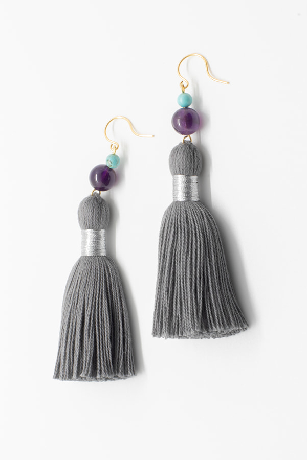 Dark grey tassel earrings, luxury fashion jewelry, tassel earrings in neutral colors with gemstones in purple and turquoise, tassel jewelry by J'Adorn Designs handcrafted jewelry made in Maryland