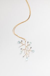 Handcrafted aquamarine and pearl branch necklace, lightweight gold statement pendant necklace made by J'Adorn Designs