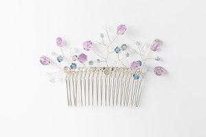 Colorful purple hair comb with amethyst gemstones and Swarovski crystals in blue and silver, bridal vines comb by J'Adorn Designs handcrafted jewelry and bridal accessories