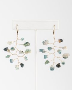 Rough blue and green tourmaline gemstone earrings in gold branch wire wrapped style, handcrafted jewelry by J'Adorn Designs
