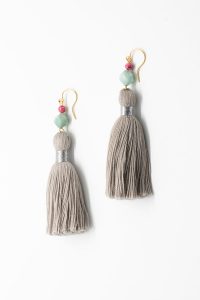 Light grey tassel earrings, luxury fashion jewelry, tassel earrings in neutral colors with gemstones in pink and aqua blue, tassel jewelry by J'Adorn Designs handcrafted jewelry made in Maryland