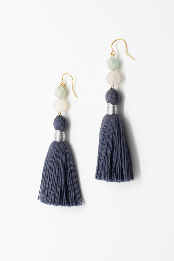 Navy blue tassel earrings, luxury fashion jewelry, tassel earrings in neutral colors with gemstones in white and aqua blue, tassel jewelry by J'Adorn Designs handcrafted jewelry made in Maryland
