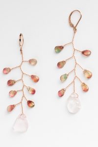 Watermelon tourmaline and rose quartz branch earrings in rose gold, handcrafted jewelry with precious gems by J'Adorn Designs custom jeweler