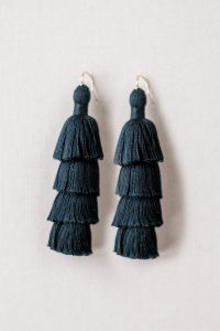 Solid black tiered tassel earrings made of high quality cotton; JAdorn Designs handcrafted jewelry available at Cotton and Co vintage boutique in Keymar MD