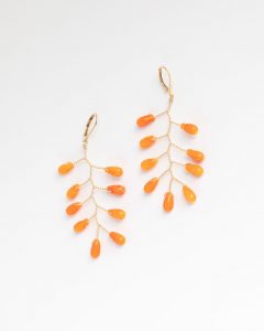 Long coral branch earrings with gold wires by J'Adorn Designs handcrafted earrings, jewelry made in Baltimore Maryland