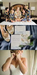 Smiling bridal party in robes, Preppy blue and white wedding details, blonde bride getting ready with sparkly gold bridal teardrop earrings by J'Adorn Designs bridal jeweler for a classic Annapolis wedding at Chesapeake Bay Beach Club