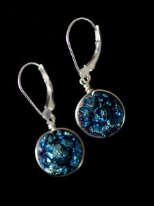 Aqua blue druzy drop earrings with sterling silver lever-back earrings for comfort. J'Adorn Designs handcrafted gemstone jewelry, as seen at the Baltimore Museum of Art.