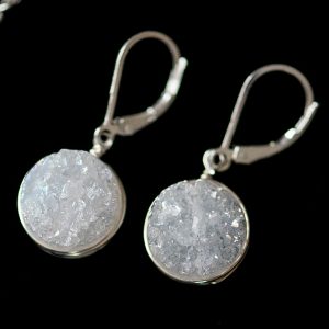 White druzy drop earrings with sterling silver lever-back earrings for comfort. J'Adorn Designs handcrafted gemstone jewelry, as seen at the Baltimore Museum of Art.