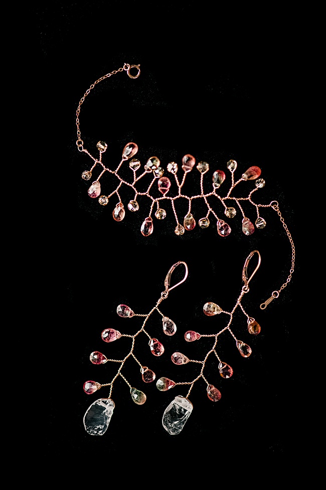 J'Adorn Designs handcrafted gemstone jewelry set: watermelon tourmaline and rose quartz vine earrings and rose gold vine bracelet. As seen at the Baltimore Museum of Art.