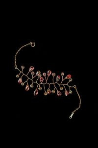 J'Adorn Designs handcrafted gemstone jewelry set: watermelon tourmaline and rose quartz vine earrings and rose gold vine bracelet. As seen at the Baltimore Museum of Art.