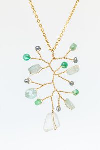 Gold branch necklace with emeralds, pearls, and tourmaline gemstones; wire wrapped leaf necklace by J'Adorn Designs, Harmony Collection