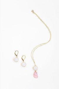 Harmony Collection: Jewelry by J'Adorn Designs. A selection of gold jewelry with white druzy gemstones and rose quartz; jewelry was handcrafted in Baltimore MD by jewelry artisan Alison Jefferies
