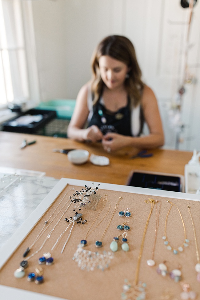 Maryland jewelry artisan Alison Jefferies makes delicate gemstone jewelry and hair accessories for women and weddings at her jewelry studio in Catonsville