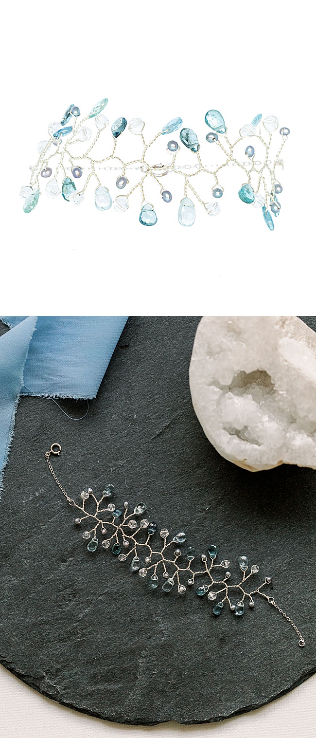 Aquamarine silver bracelet in vine shape, wire wrapped aquamarine bracelet by J'Adorn Designs jewelry artisan Alison Jefferies