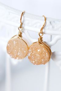 champagne gold druzy drop earrings with hypoallergenic earring hooks, handcrafted gemstone jewelry made in USA by J'Adorn Designs jeweler Alison Jefferies