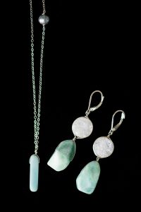 2020 jewelry trends forecast: sterling silver will make a comeback as a popular jewelry metal color, as pictured in this set of druzy & amazonite gemstone jewelry by J'Adorn Designs, available at the Baltimore Museum of Art