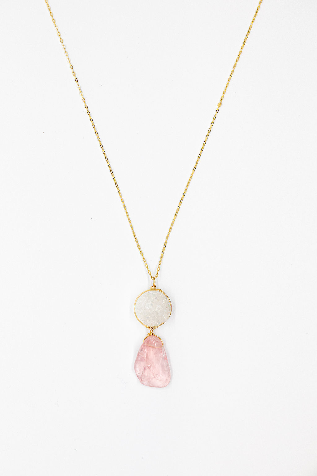 white druzy and rose quartz necklace jadorn designs custom jewelry