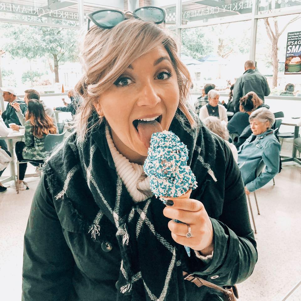 Jeannette with a delicious looking sprinkle covered ice cream cone