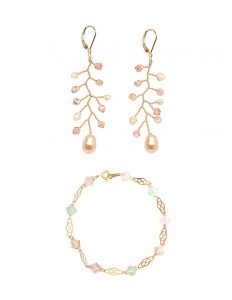 Gold, blush, and ivory bridal jewelry set of gold vine earrings and pastel gold colored bracelet, handcrafted jewelry and wedding party gifts by J'Adorn Designs