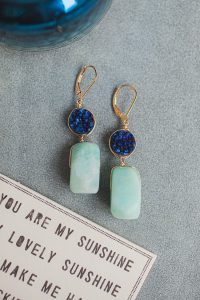 Blue druzy and turquoise amazonite teardrop earrings in gold, spring jewelry and unique graduation gifts for high school seniors by j'adorn designs artisan jewelry