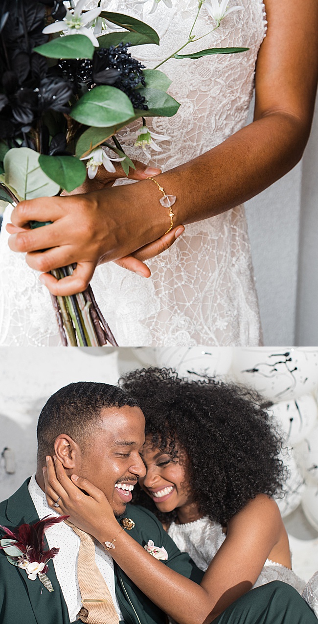 Natural and clean wedding style inspiration featuring an African American bride with curly hair, wearing a white jumpsuit and modern crystal spike bracelet by J'Adorn Designs handcrafted bridal bracelet