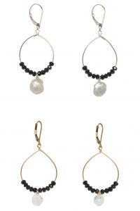 Gold or silver beaded hoops with gemstones in black, white, and grey. Lightweight hoop earrings adorned with black spinel, moonstone, and labradorite gemstones. Delicate everyday jewelry designs by J'Adorn Designs artisan jeweler Alison Jefferies. Handcrafted jewelry and luxury bridal accessories made in Maryland.