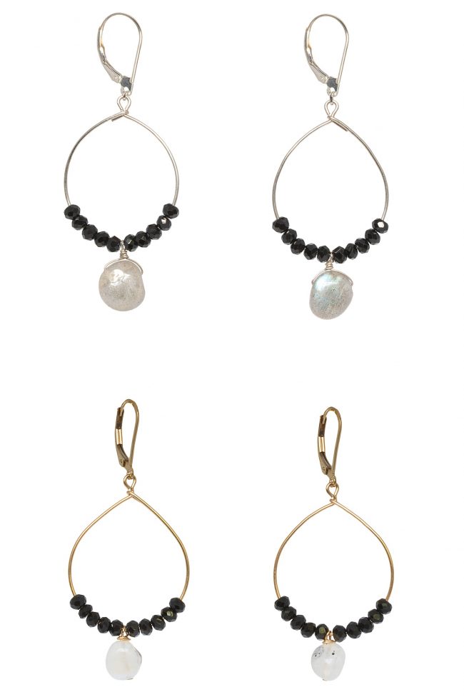 Gold or silver beaded hoops with gemstones in black, white, and grey from The Prism Collection. Lightweight hoop earrings adorned with black spinel, moonstone, and labradorite gemstones. Delicate everyday jewelry designs by J'Adorn Designs artisan jeweler Alison Jefferies. Handcrafted jewelry and luxury bridal accessories made in Maryland.